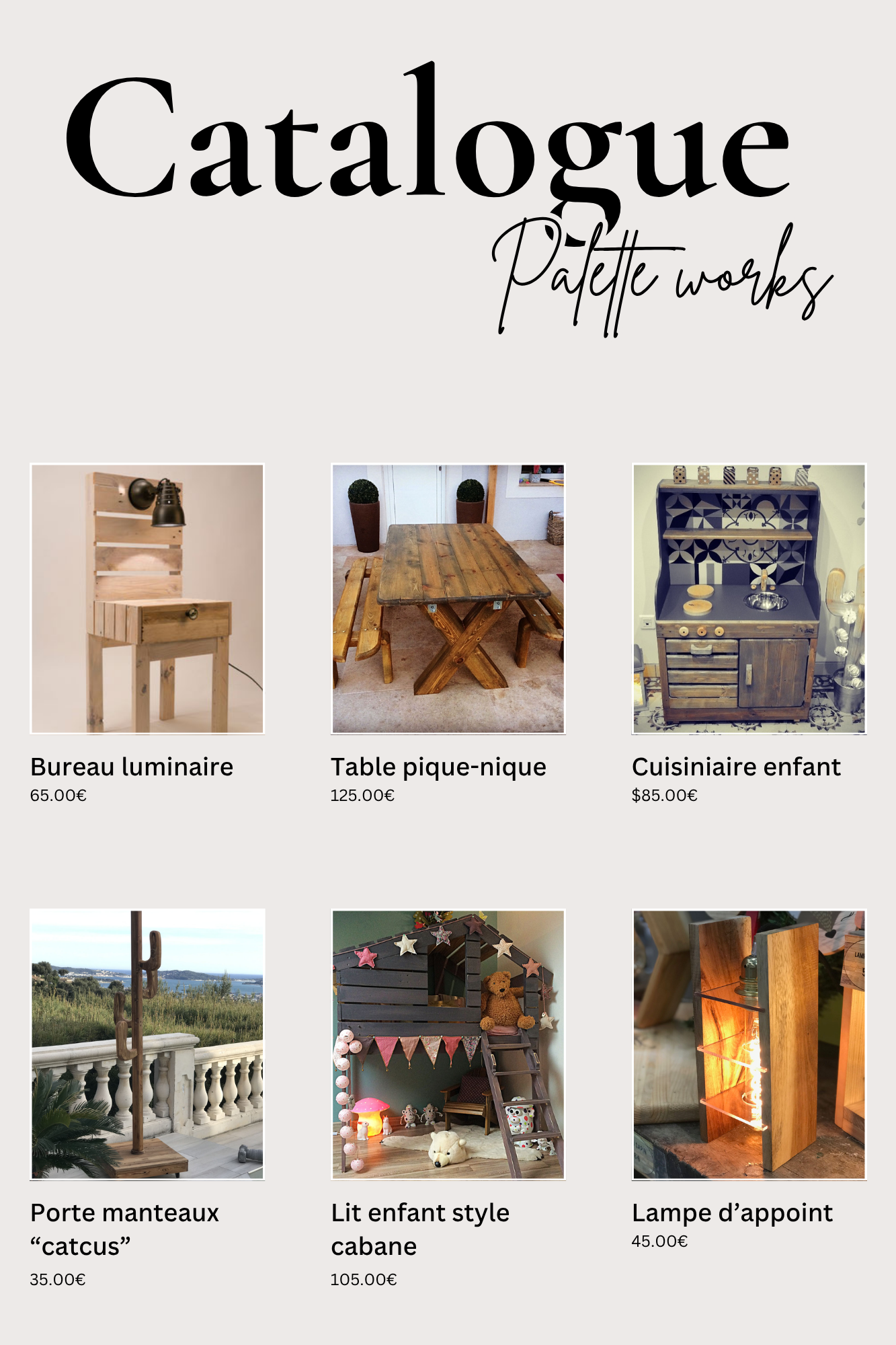 Catalogue de vente des produits palette works - bureaux, table de pique-nique, cuisiniaire pour enfant, porte manteaux cactus, lit style cabane enfant et une lampe d