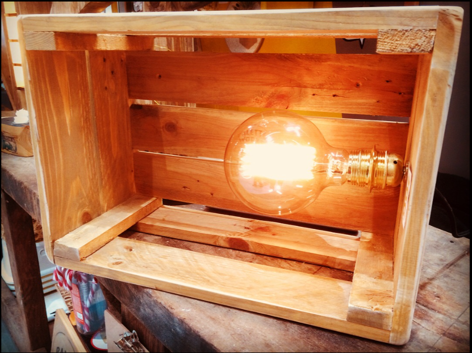 boite en bois ouverte avec une ampoule allumée à l